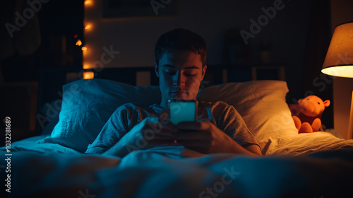 Person scrolling on a smartphone in bed at night