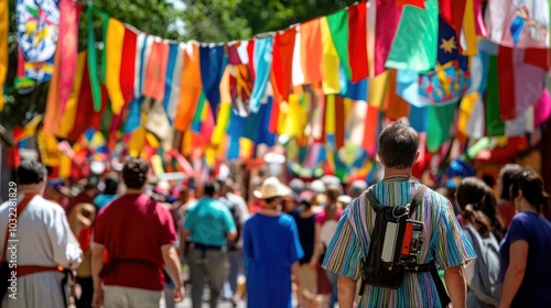 Wallpaper Mural A crowd of people walking through a street decorated with colorful flags, creating a vibrant and festive atmosphere. Torontodigital.ca