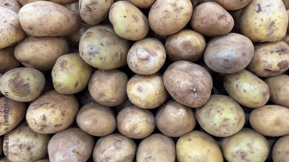 Pile of raw potatoes, fresh vegetables in the foreground Pile of raw potatoes, fresh vegetables in the foreground