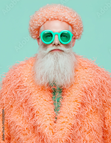 Trendy Santa Claus in bright curly wig and oversized green glasses with fluffy orange coat against pastel background. Concept of modern holiday, quirky fashion, and playful Christmas spirit