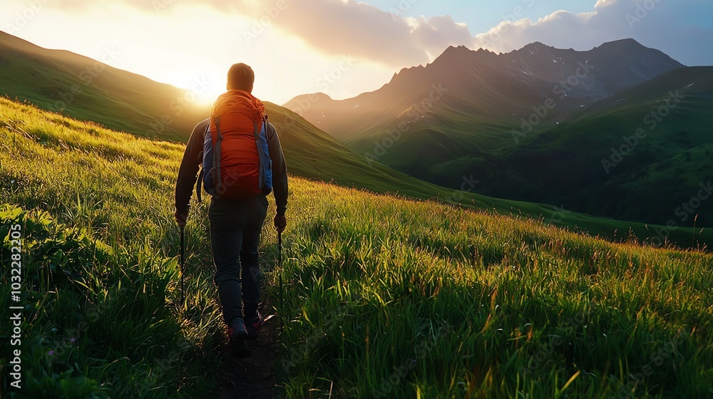 Fototapeta premium Hiker walking through a lush green valley at sunset, surrounded by mountains, embodying adventure and tranquility.