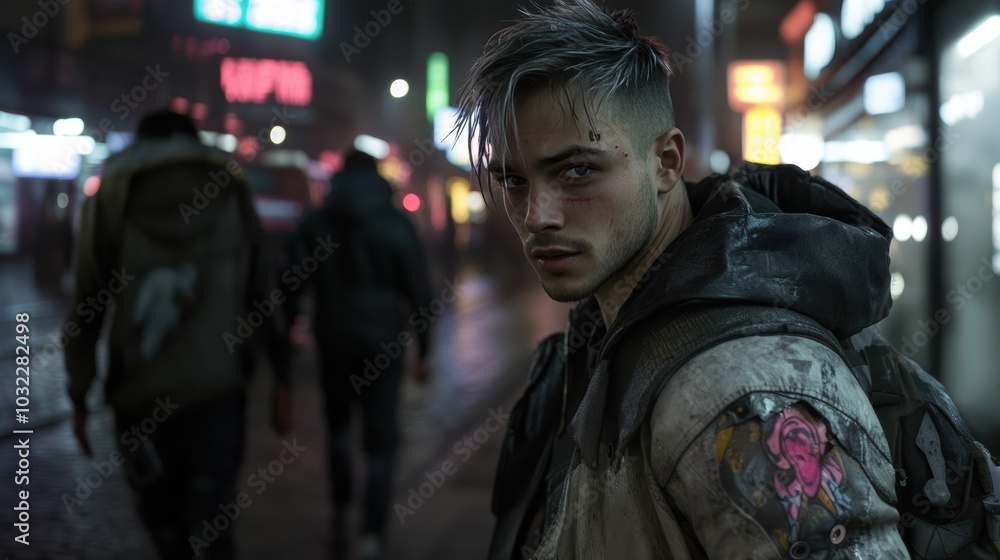 Handsome Middle Eastern man with scar gazing in lonely cyberpunk city at night Handsome Middle Eastern man with scar gazing in lonely cyberpunk city at night