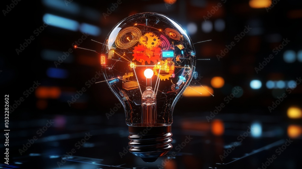 Glowing Lightbulb with Gears and Circuits Innovation Concept Glowing Lightbulb with Gears and Circuits Innovation Concept
