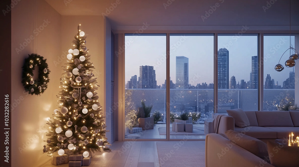 Modern Christmas Decor in a City Apartment with Skyline View, ai generative Modern Christmas Decor in a City Apartment with Skyline View, ai generative