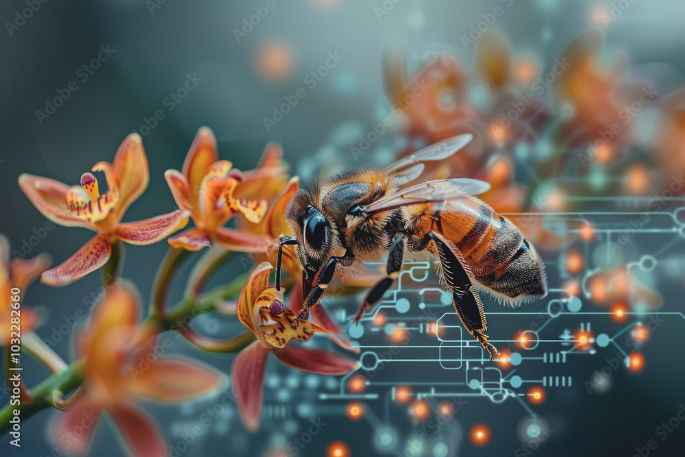 Image of bees pollinating orchids. Emphasis on the connection between technology and nature. Image of bees pollinating orchids. Emphasis on the connection between technology and nature.