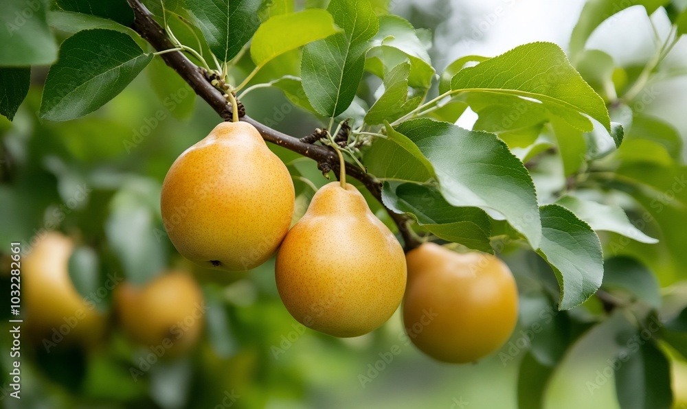 Three ripe pears hanging on a branch amidst green leaves. Three ripe pears hanging on a branch amidst green leaves.