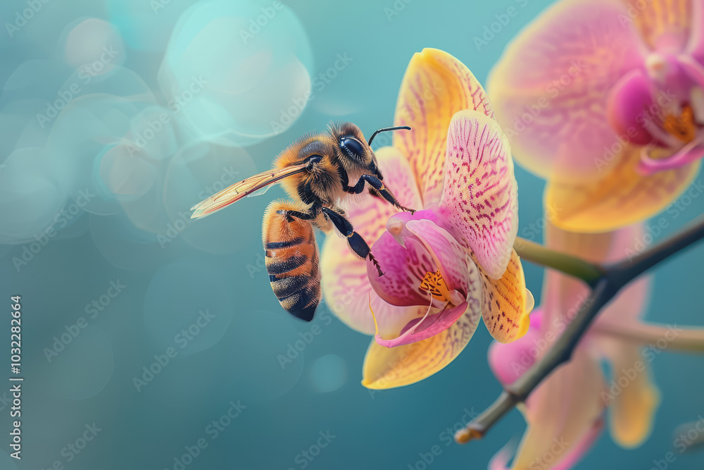 Fototapeta premium Image of bees pollinating orchids. Emphasis on the connection between technology and nature.