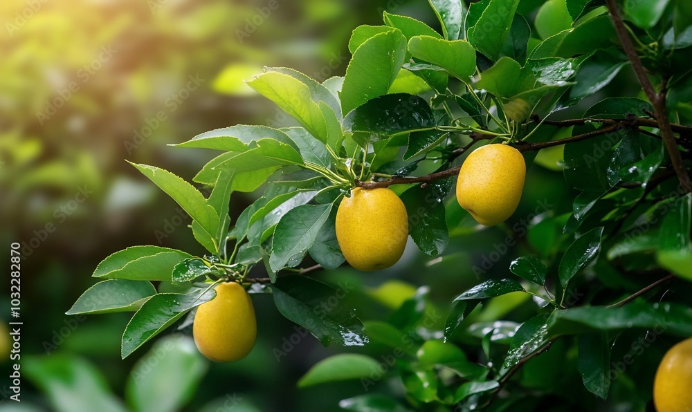 Fresh lemons growing on a branch amidst vibrant green leaves. Fresh lemons growing on a branch amidst vibrant green leaves.