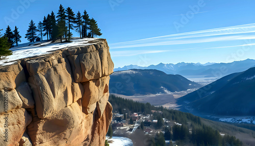 Panoramic view of a mountain cliff covered with snow and pine trees. The landscape extends to the snowy peaks and the valley with the village below.