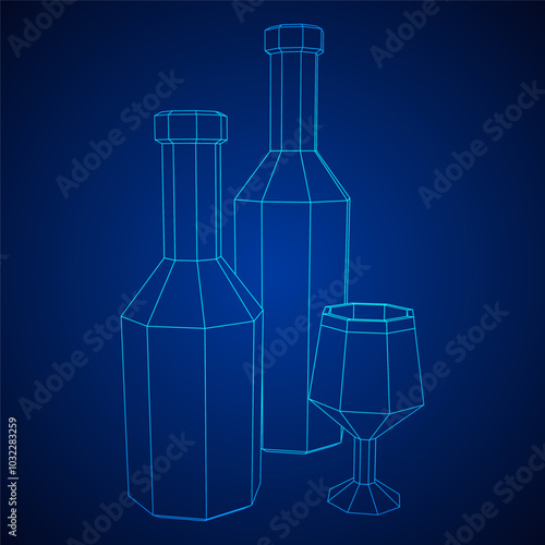 Wine bottle with wine glass. Wireframe low poly mesh vector illustration