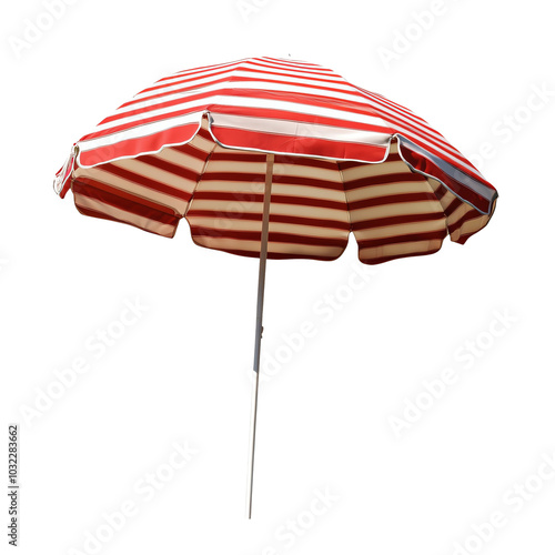 A vibrant red and white striped beach umbrella standing tall, perfect for summer days at the beach or poolside relaxation.