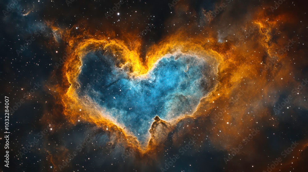 Obraz premium A heart-shaped nebula glows brightly in the cosmos, surrounded by twinkling stars.