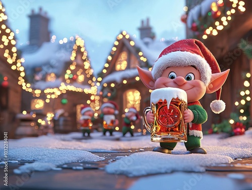 Cheerful elf celebrating with festive beer mug