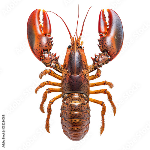 Close-up of a vibrant lobster showcasing its striking claws and detailed shell, perfect for culinary and marine themes. photo