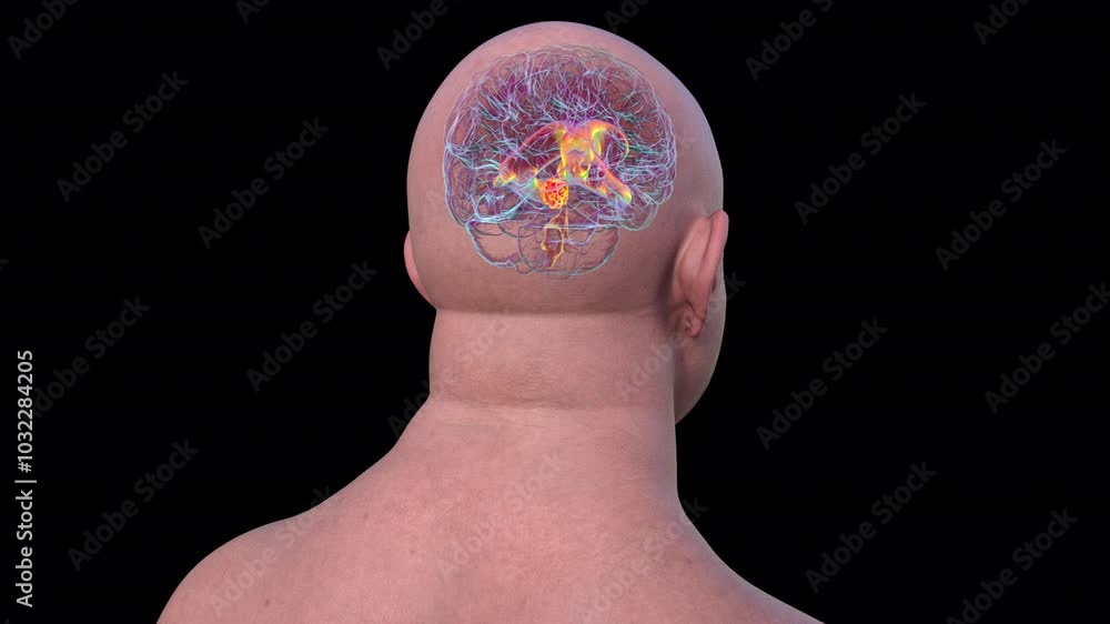 A 3D scientific animation depicting enlarged lateral and third ...