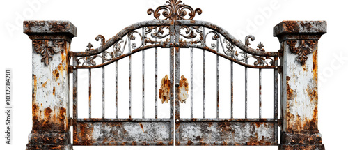 A rusty, intricate wrought-iron gate with ornate designs, sitting against a transparent background, conveying an antique and weathered aesthetic.