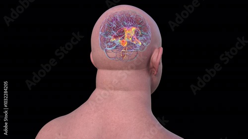 A 3D scientific animation depicting enlarged lateral and third ventricles of the brain (hydrocephalus), caused by a brain tumor compressing the cerebral aqueduct. photo