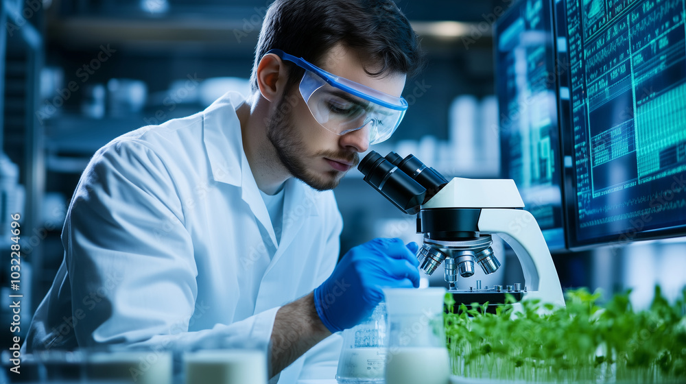 A food scientist, deeply focused, studies a milk sample through a digital microscope, analyzing the stratification of dairy products, with screens displaying real-time data in the A food scientist, deeply focused, studies a milk sample through a digital microscope, analyzing the stratification of dairy products, with screens displaying real-time data in the