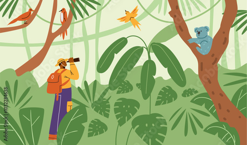 Illustration of a man holding binoculars observing wildlife in the jungle.
