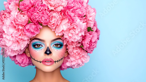 Enthralling Mexican Female Model Embracing Catrina Aesthetics with Vibrant Carnation Crown for DÝa de los Muertos photo