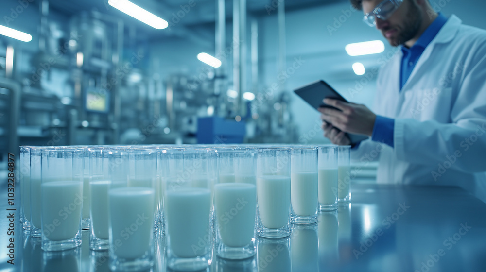 A close-up of milk samples in a row of test tubes showing clear layers of stratification, while a food scientist reviews data on a tablet in the background, surrounded by lab equip A close-up of milk samples in a row of test tubes showing clear layers of stratification, while a food scientist reviews data on a tablet in the background, surrounded by lab equip