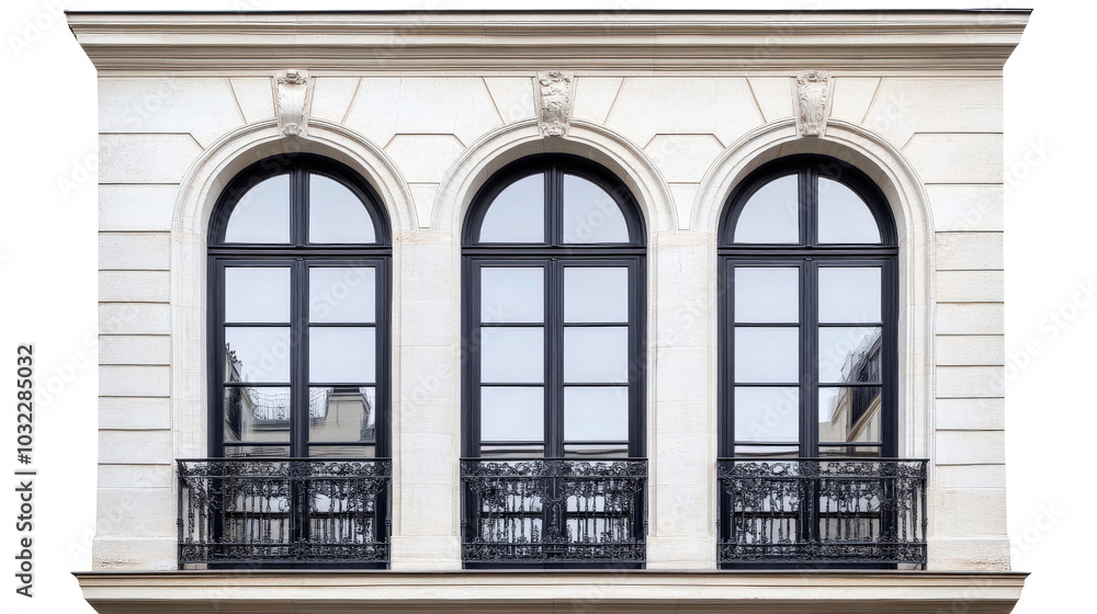 Fototapeta premium Elegant arched windows with black railings, Transparent background