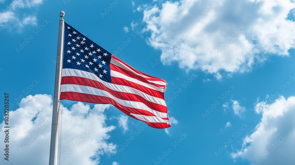 Fototapeta premium A close-up of the stars and stripes of the American flag, fluttering against a bright blue sky with clouds, representing the spirit of freedom and national identity.