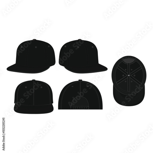 6-Panel Snapback Cap Mock-up: Black Hat Template Vector with Every Angle View for Streetwear & Design
