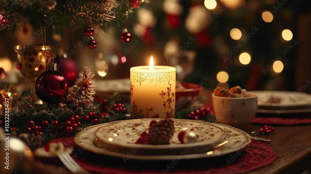 A beautifully decorated Christmas table features elegant dishware, glowing candles, and festive ornaments, creating a warm and cozy holiday atmosphere. A beautifully decorated Christmas table features elegant dishware, glowing candles, and festive ornaments, creating a warm and cozy holiday atmosphere.