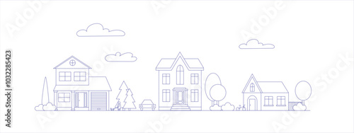 Neighborhood line art cityscape. Town city street with outline buildings. Vector line art illustration with suburban cityscape and different buildings.
