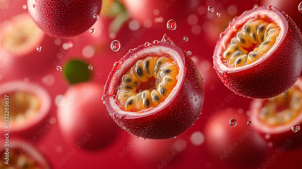 Passion fruits falling in motion against a red background. Close-up of many passion fruits falling in motion. AI generative
Passion fruits falling in motion against a red background. Close-up of many passion fruits falling in motion. AI generative