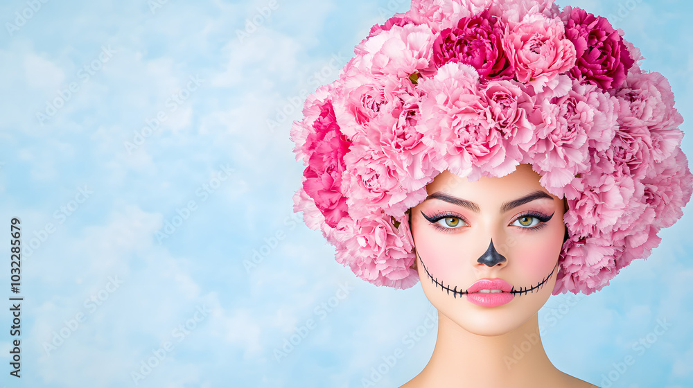 Vibrant Mexican Female Model in Traditional Catrina Style, Celebrating DÝa de los Muertos with Floral Majesty Vibrant Mexican Female Model in Traditional Catrina Style, Celebrating DÝa de los Muertos with Floral Majesty