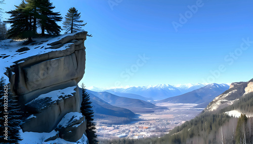 Panoramic view of a mountain cliff covered with snow and pine trees. The landscape extends to the snowy peaks and the valley with the village below.