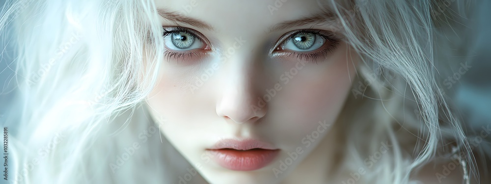 Fototapeta premium A beautiful girl with white hair, light eyes, porcelain skin, and pale color tones