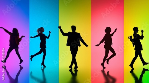 A collage of silhouettes of diverse people in various poses, dancing, walking, and talking, set against a vibrant gradient background