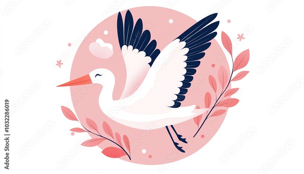 A stylized illustration of a stork flying amidst pastel foliage, with a soft pink background. A stylized illustration of a stork flying amidst pastel foliage, with a soft pink background.