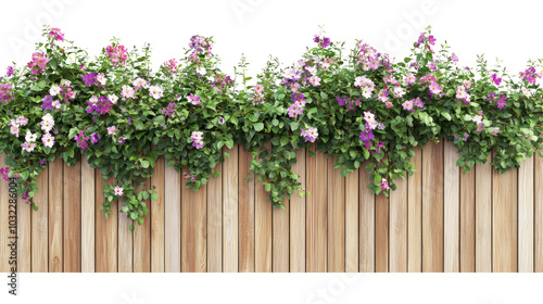 A wooden fence adorned with vibrant flowers in pink and purple hues, enhancing the outdoor aesthetic with lush greenery. photo