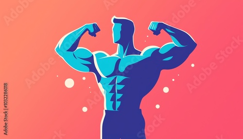 A stylized illustration of a muscular man flexing his arms, showcasing strength and fitness against a colorful gradient background. photo