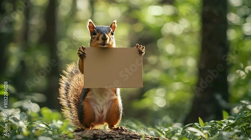 Curious Squirrel Holding Blank Cardboard Sign in Lush Forest photo