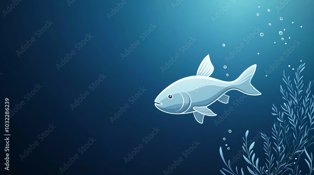 Naklejka premium A serene illustration of a fish swimming gracefully through deep blue water, surrounded by bubbles and aquatic plants.