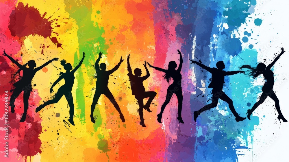 A collage of silhouettes of people in different creative arts like painting, dancing, and writing, set against a vibrant, artistic background A collage of silhouettes of people in different creative arts like painting, dancing, and writing, set against a vibrant, artistic background