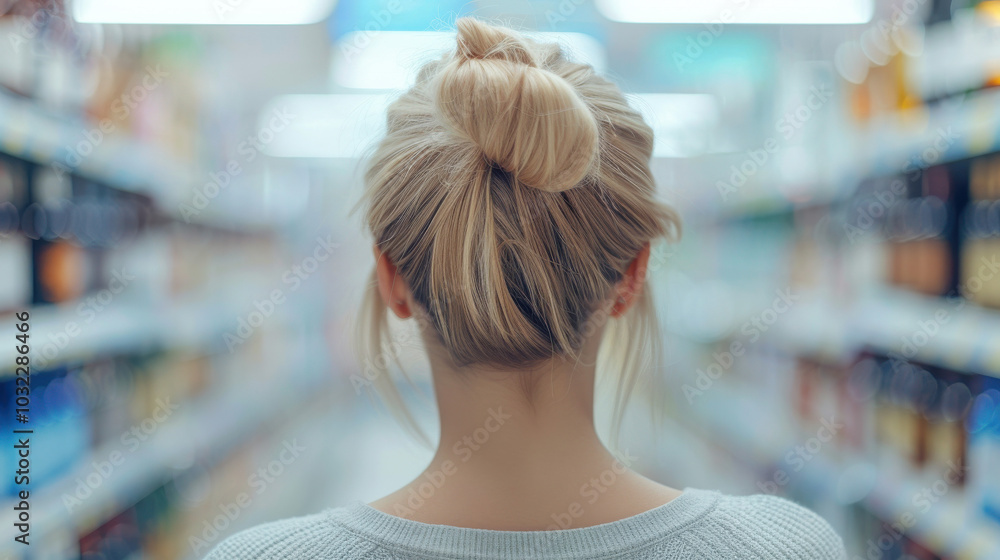 A woman with wavy blonde hair viewed from behind, displaying her shiny curls A woman with wavy blonde hair viewed from behind, displaying her shiny curls