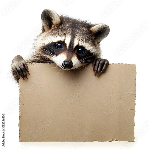 Mischievous Raccoon Peeking Out from Blank Cardboard Sign Curious Eyes Glinting with Delight photo