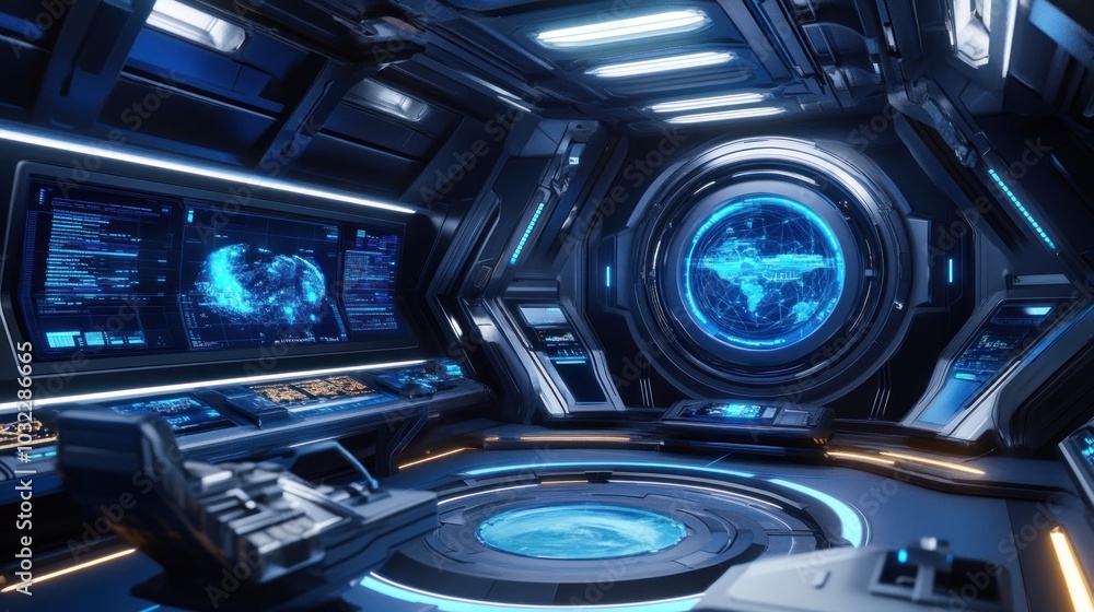 Futuristic Spaceship Interior with Earth Hologram Display Futuristic Spaceship Interior with Earth Hologram Display