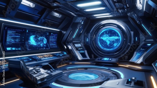 Futuristic Spaceship Interior with Earth Hologram Display