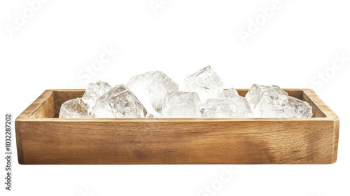 Ice cubes in a wooden tray, Transparent background photo