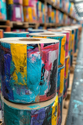 Colorful rolls of painted materials are stacked, showcasing vibrant hues in a dynamic arrangement within an industrial space. photo