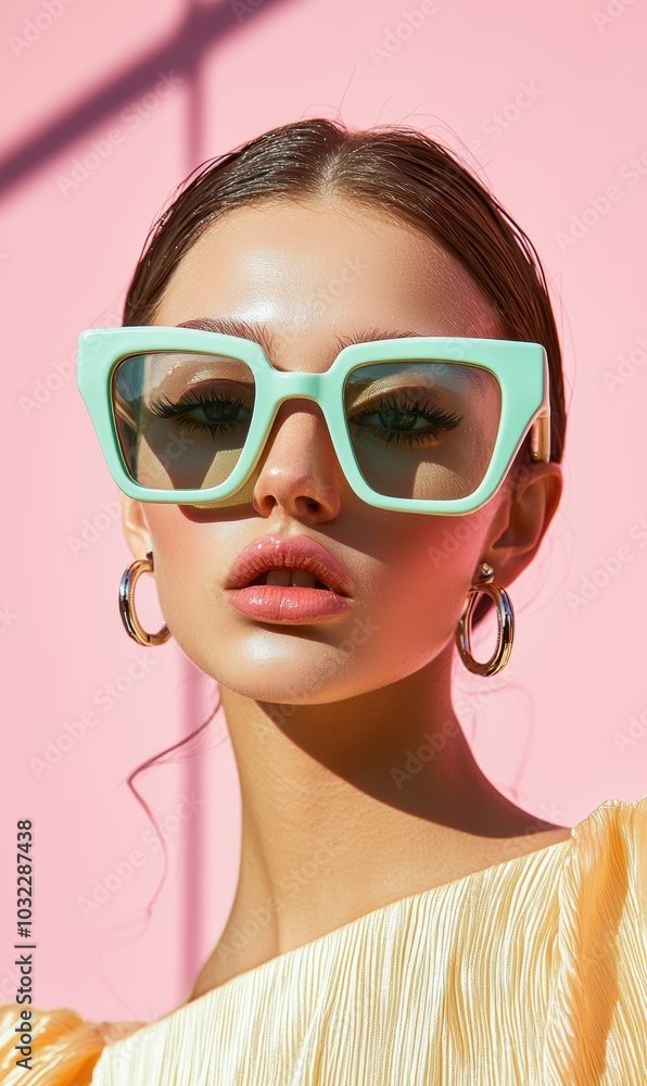 A stylish model showcases modern eyewear against a vibrant pink background, emphasizing trends in fashion and beauty with bright colors and chic accessories. A stylish model showcases modern eyewear against a vibrant pink background, emphasizing trends in fashion and beauty with bright colors and chic accessories.