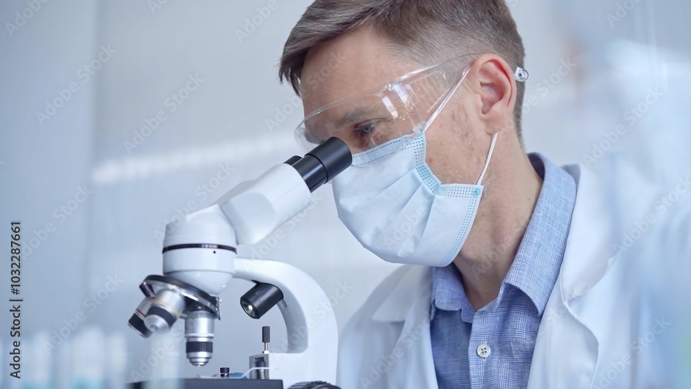 Man scientist with protective glasses, mask and gloves is using microscope in laboratory, portrait of researcher. Microbiology science concept Man scientist with protective glasses, mask and gloves is using microscope in laboratory, portrait of researcher. Microbiology science concept
