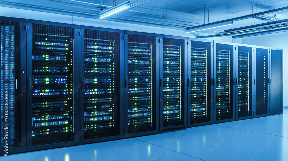 Sleek Server Room with Glowing Hardware Against Minimalist Background for Tech Depiction Sleek Server Room with Glowing Hardware Against Minimalist Background for Tech Depiction